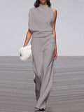 Women's Jumpsuit - Sleeveless Asymmetric Neckline - Elegant Wide Legs - Festive Look