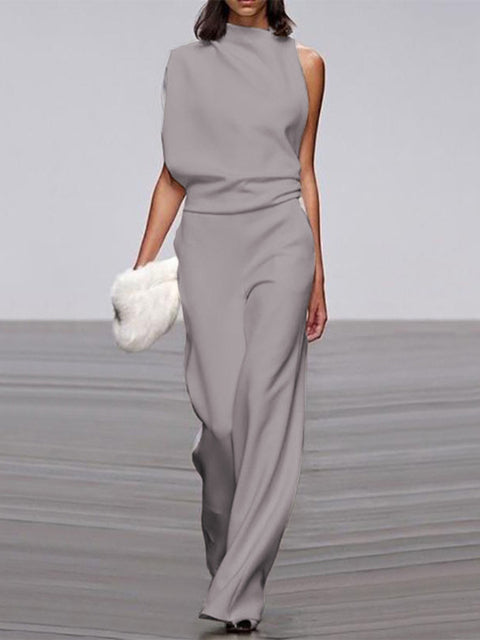 Women's Jumpsuit - Sleeveless Asymmetric Neckline - Elegant Wide Legs - Festive Look