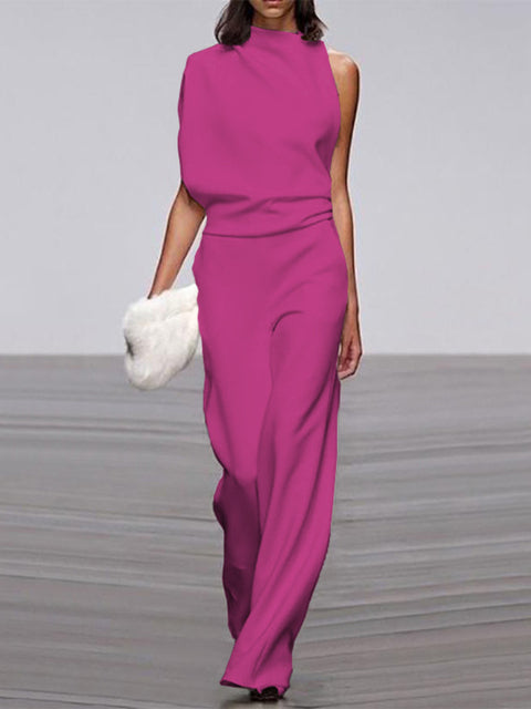 Women's Jumpsuit - Sleeveless Asymmetric Neckline - Elegant Wide Legs - Festive Look
