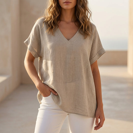 Relaxed Fit Textured Linen Blend V-Neck Top for Summer Ease