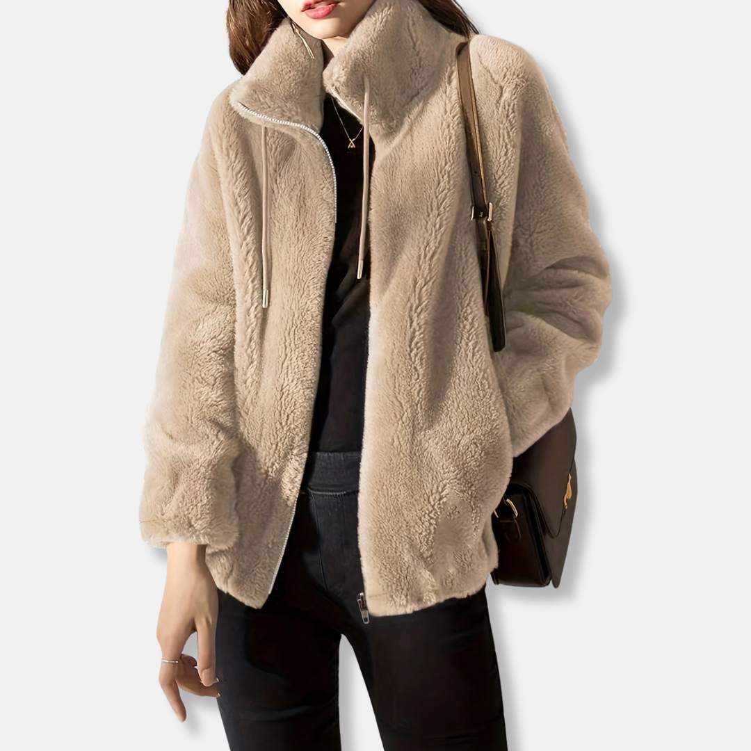 Plush Knit Stand-Up Collar Waist Length Jacket