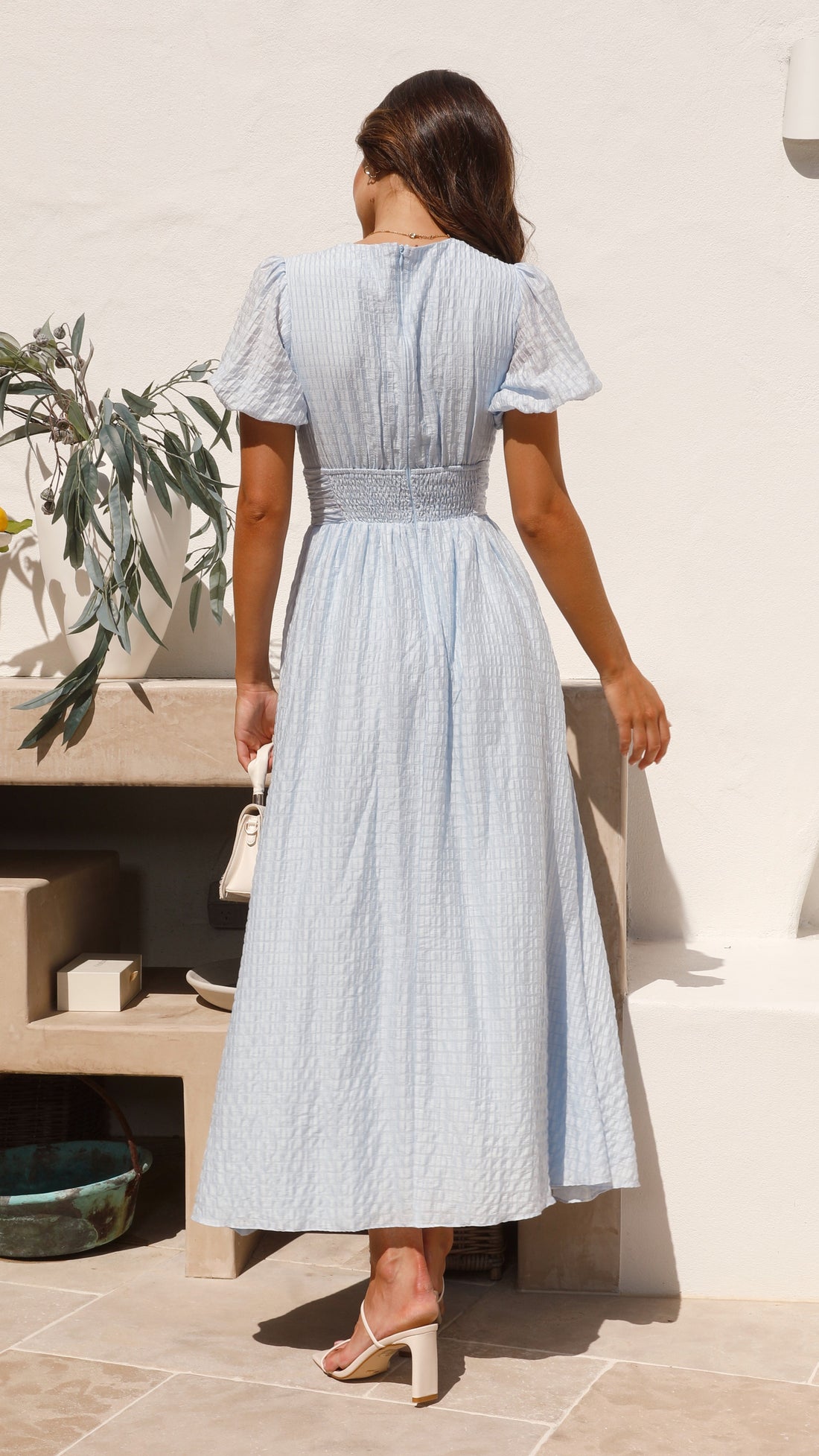 Dame Maxikjole - V-hals - Knapper - Pufærmer - Elegant Lang Kjole