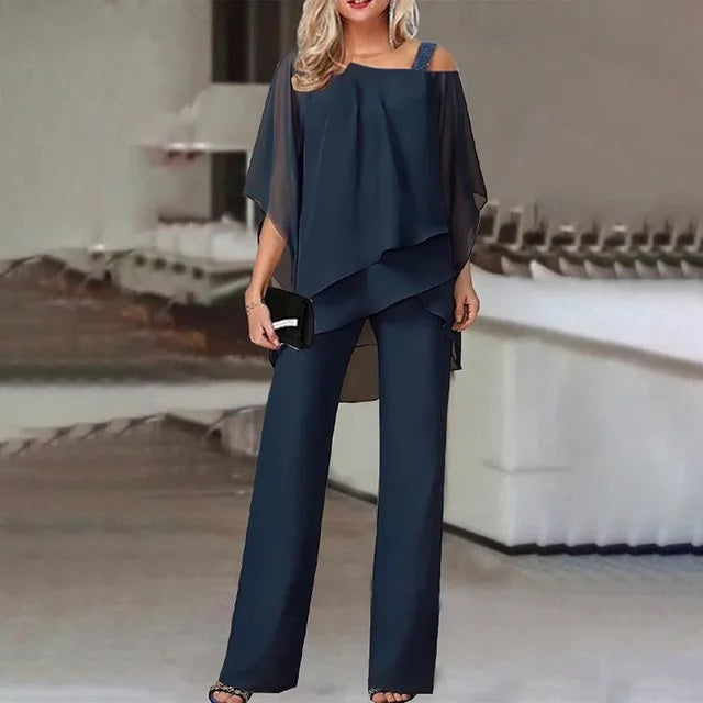 Women's Suit - Elegant Loose Fit - Cape Top & Wide Pants - Party & Formal Use