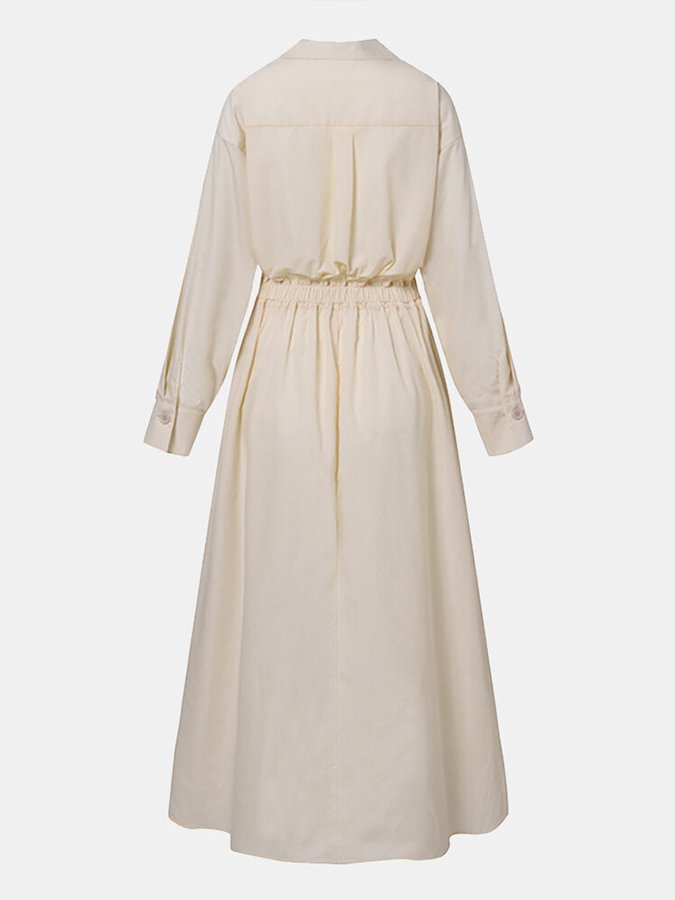 Women's Shirt Dress - Midi Length - Waistband - A-line Fit - Long Sleeves