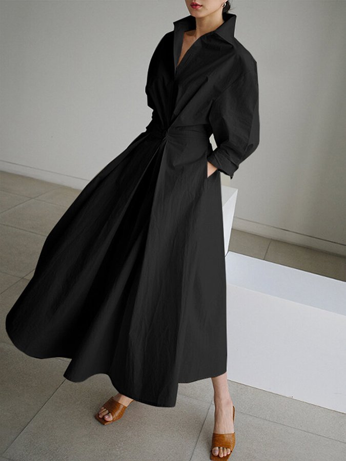 Women's Shirt Dress - Midi Length - Waistband - A-line Fit - Long Sleeves