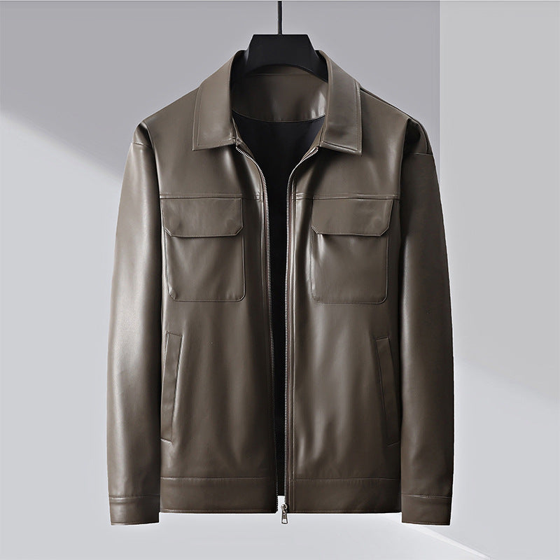 Spread Collar Full Zip Leather Look Jacket