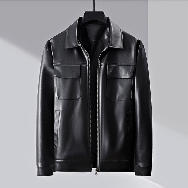 Spread Collar Full Zip Leather Look Jacket