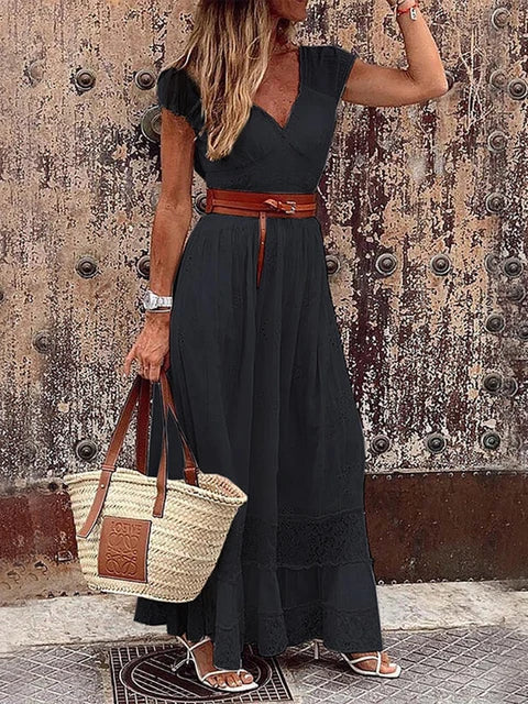 Dame Maxi Kjole - Blonder & Flowy Design - V-Hals - Taljebånd - Elegant & Let
