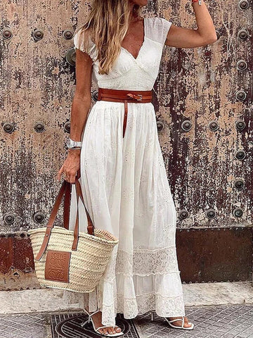 Dame Maxi Kjole - Blonder & Flowy Design - V-Hals - Taljebånd - Elegant & Let
