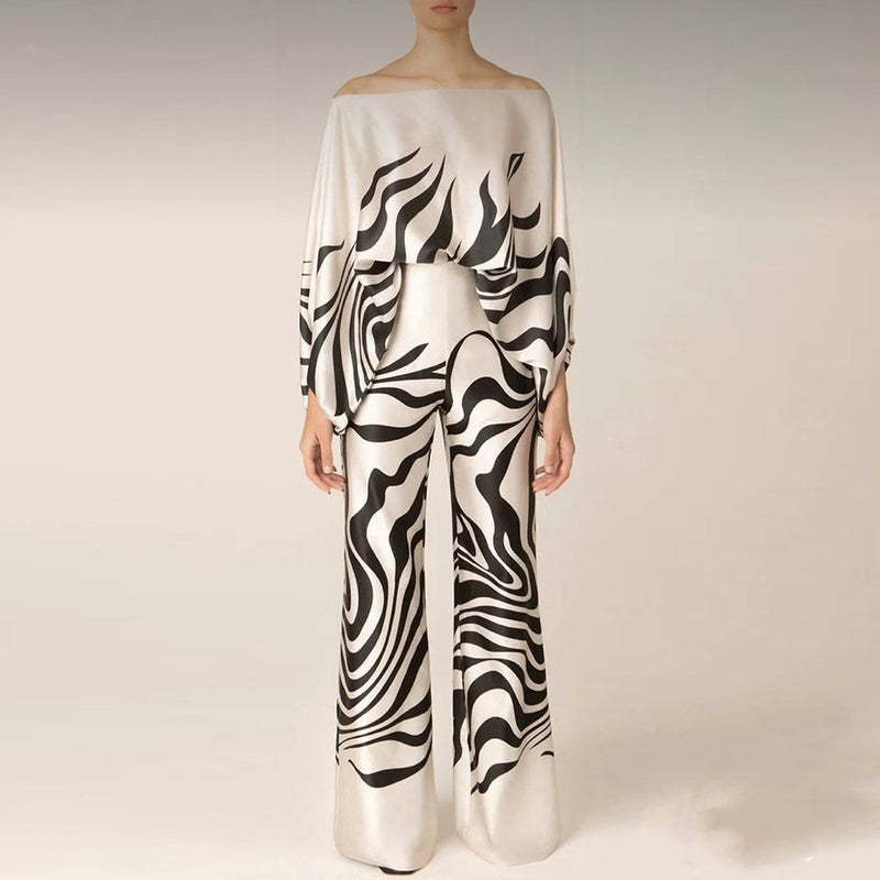 Dame Sæt – Silke – Afslappet Pasform – One-Shoulder Bluse – Vide Bukser