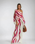 Women's Set – Silk – Relaxed Fit – One-Shoulder Blouse – Wide Pants
