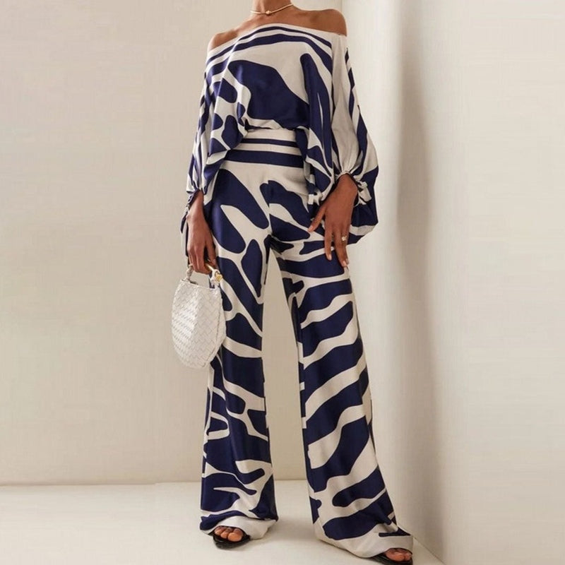 Women's Set – Silk – Relaxed Fit – One-Shoulder Blouse – Wide Pants