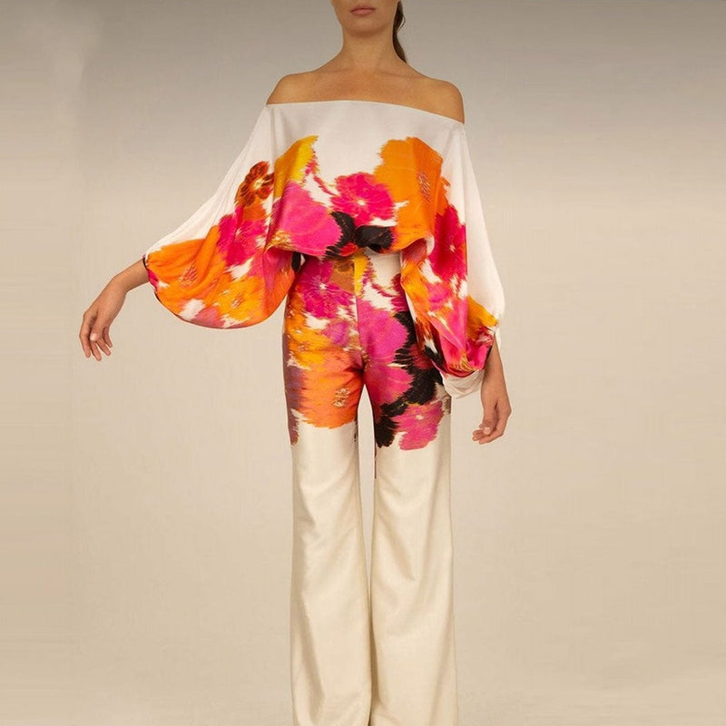 Women's Set – Silk – Relaxed Fit – One-Shoulder Blouse – Wide Pants