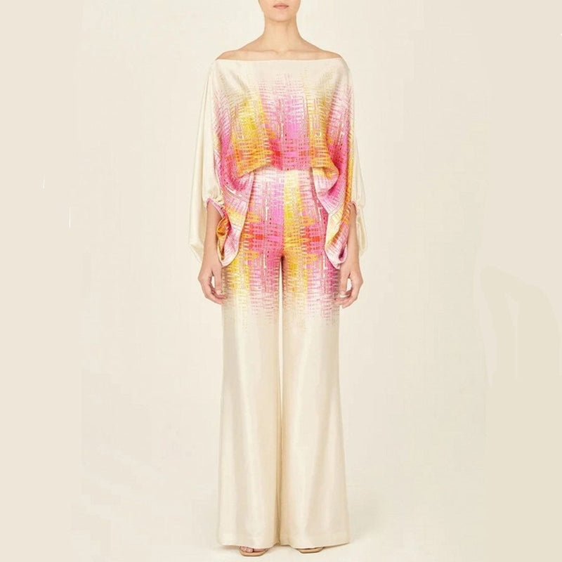 Women's Set – Silk – Relaxed Fit – One-Shoulder Blouse – Wide Pants