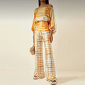 Women's Set – Silk – Relaxed Fit – One-Shoulder Blouse – Wide Pants