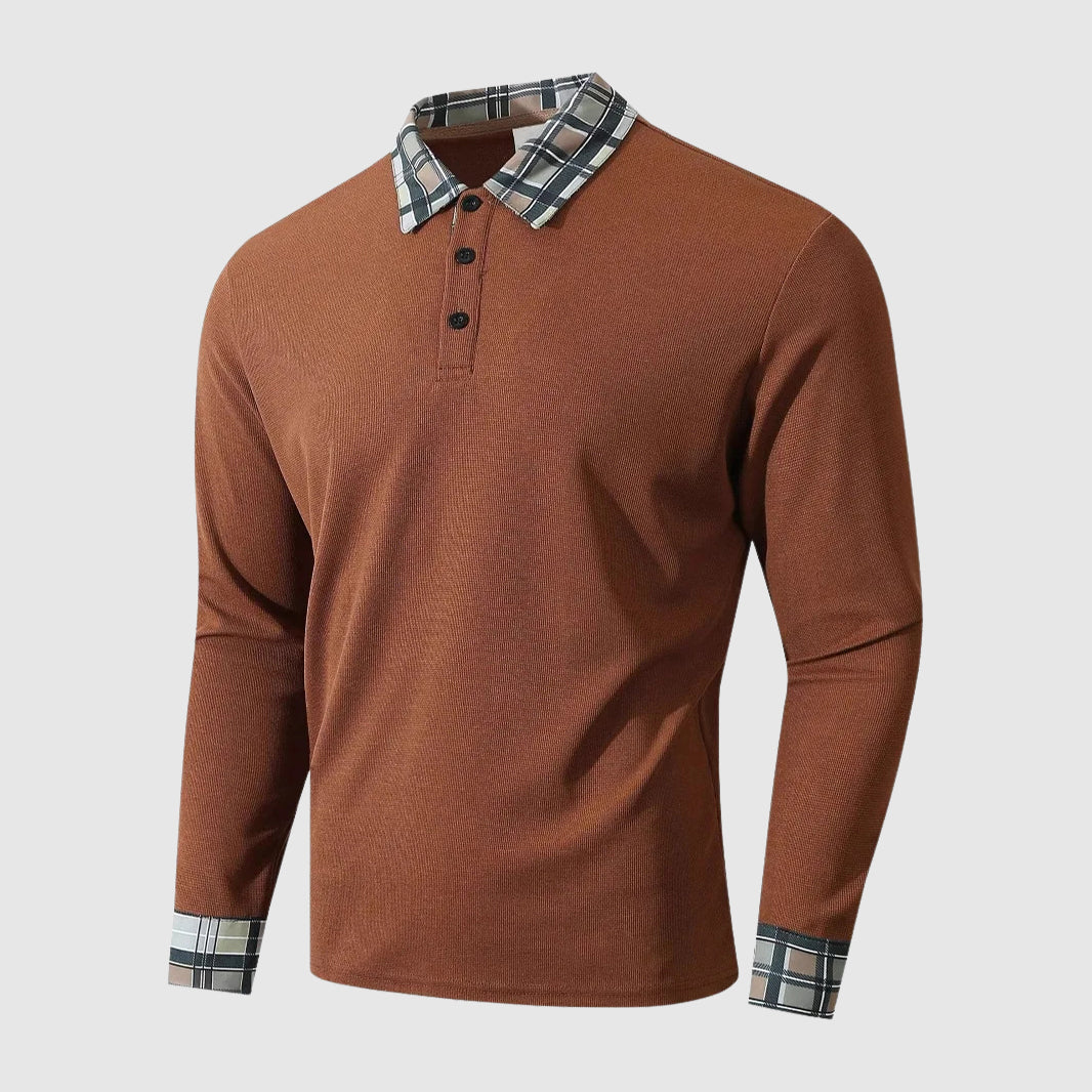 Ribbed Knit Plaid Collar Polo Shirt