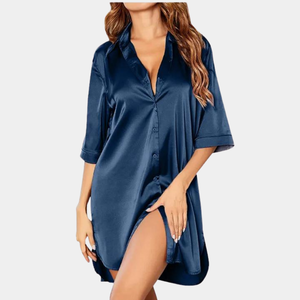 Women's Nightshirt - Satin - Loose Fit - 3/4 Sleeves - Button Closure