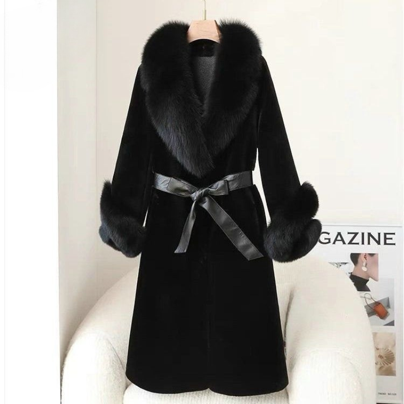 Fur-Trimmed Self-Tie Wrap Long Coat
