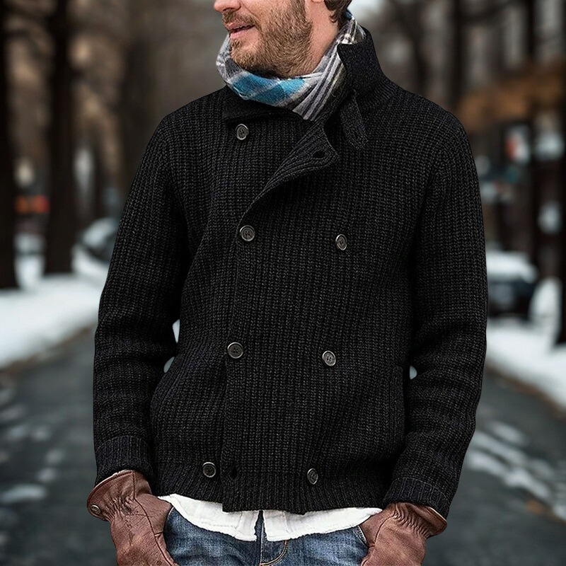 Relaxed Fit Double-Breasted Wool Blend Knitted Jacket