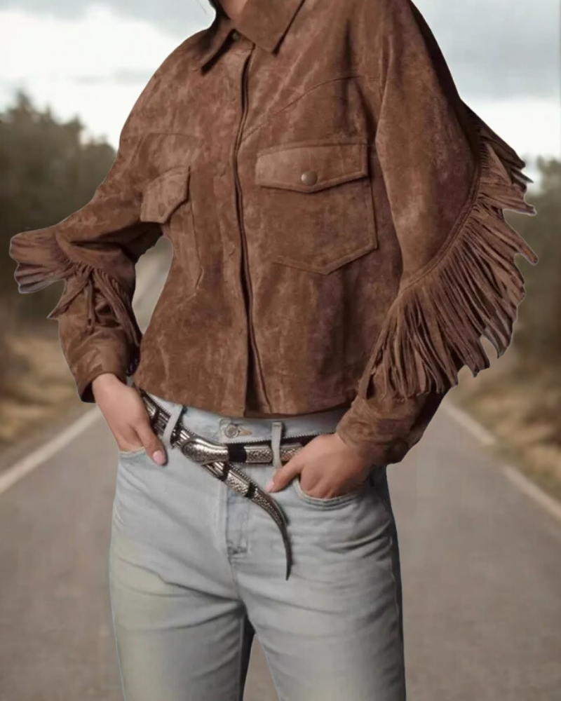 Suede-Like Fringe Sleeve Relaxed Cropped Jacket