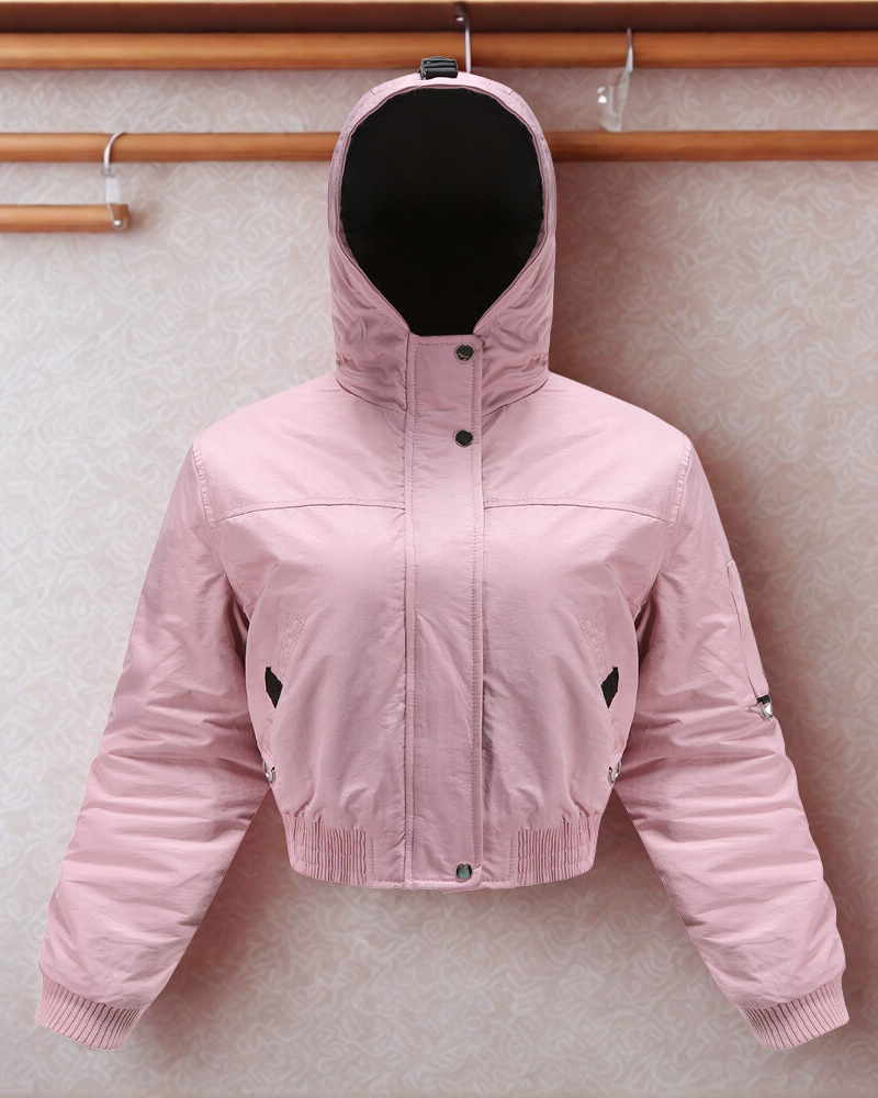 Cropped Hooded Sleeve Pocket Padded Coat
