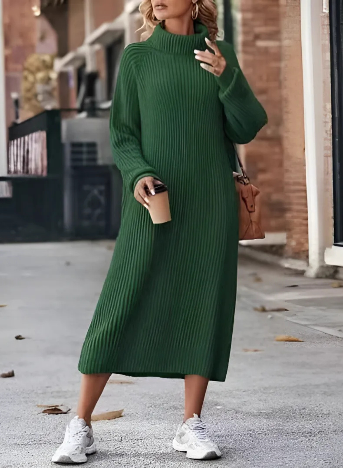 Ribbed Knit Turtleneck Long Sleeve Midi Dress