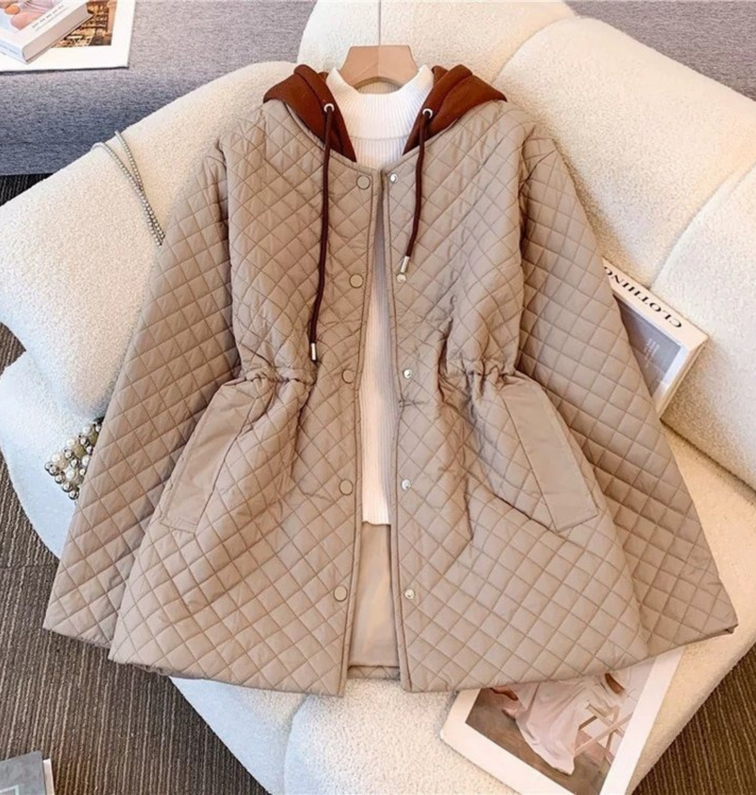 Grace Quilted Coat | Hooded Drawstring Waist Coat