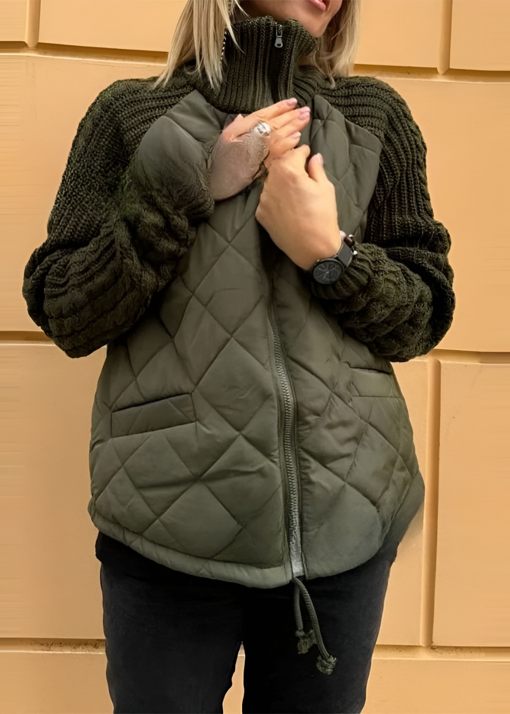 Quilted Knit Relaxed Fit Stand-Up Collar Coat