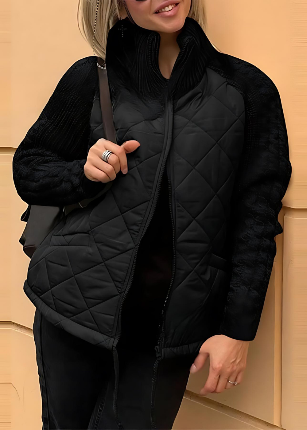 Quilted Knit Relaxed Fit Stand-Up Collar Coat