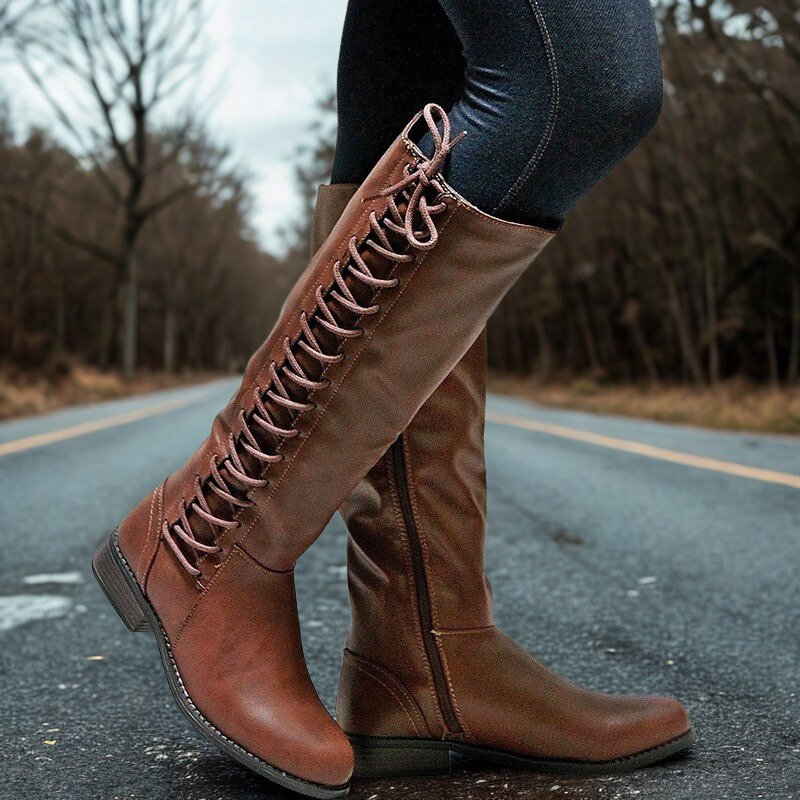 Criss-Cross Lacing Block Heel Knee-High Boots