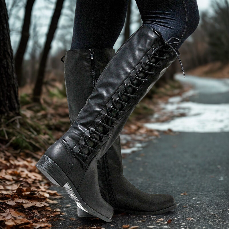Criss-Cross Lacing Block Heel Knee-High Boots