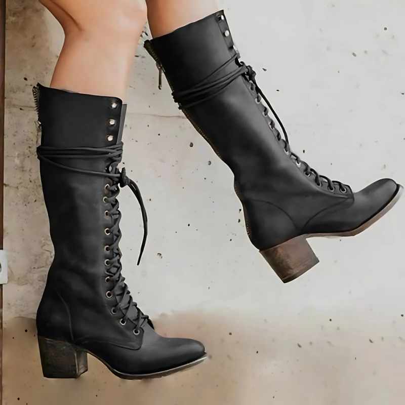 Block Heel Lace-Up Knee-High Boots