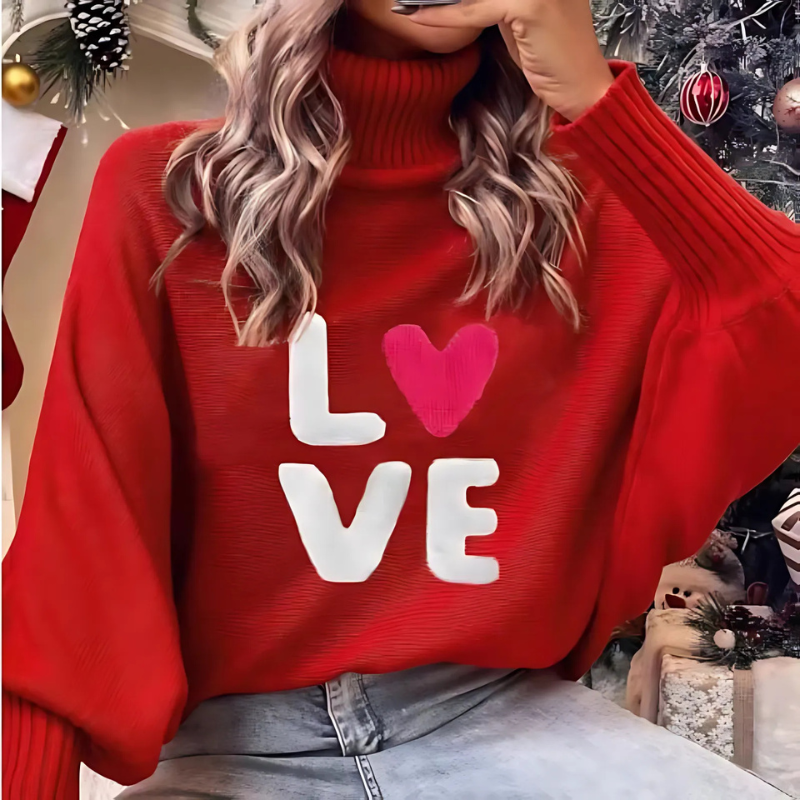 LOVE Graphic Ribbed Turtleneck Pullover Sweatshirt