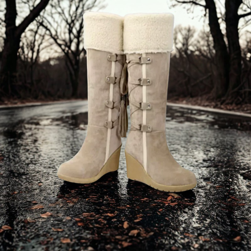 Wedge Heel Faux Fur Cuff Mid-Calf Boots