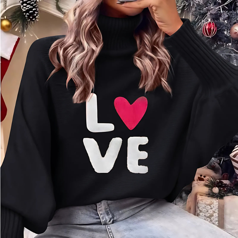 LOVE Graphic Ribbed Turtleneck Pullover Sweatshirt