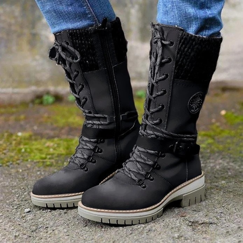 Lace-Up Knitted Cuff Block Heel Boots