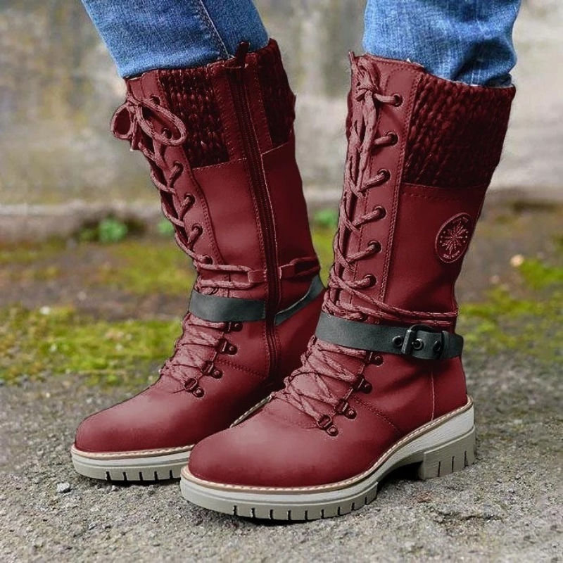 Lace-Up Knitted Cuff Block Heel Boots