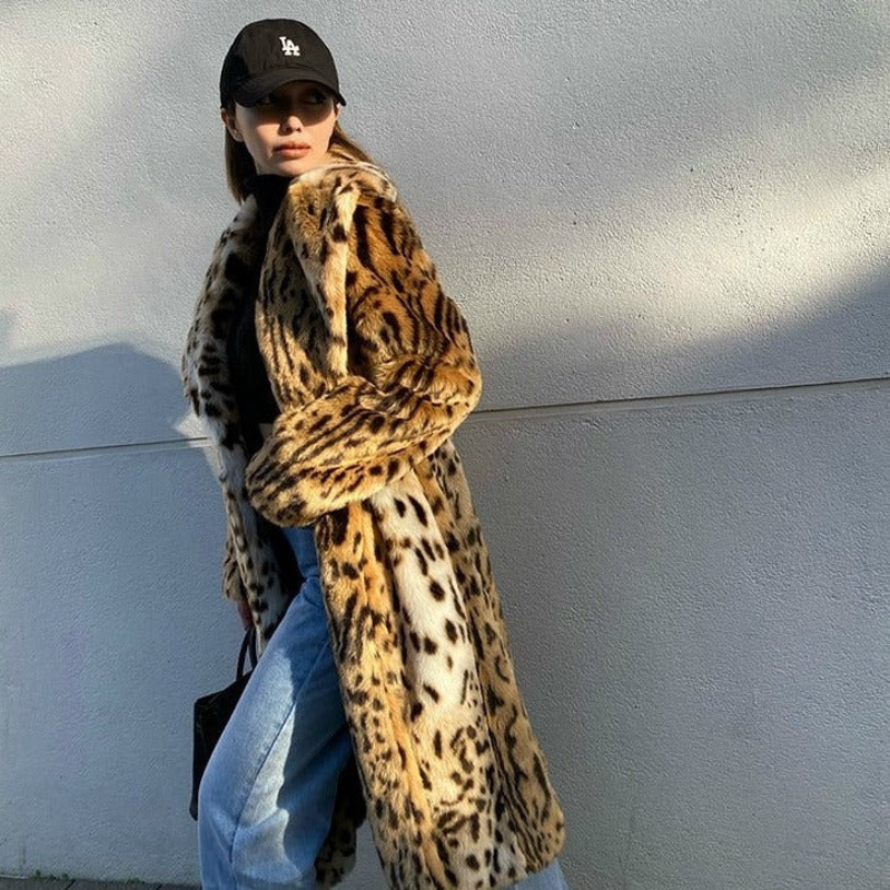 Faux Fur Leopard Print Long Coat