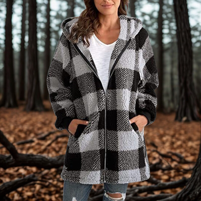 Buffalo Plaid Mid-Thigh Sherpa Fleece Jacket