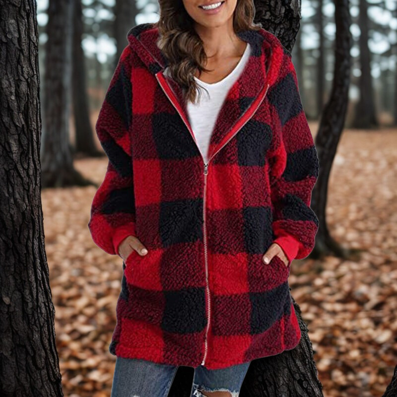 Buffalo Plaid Mid-Thigh Sherpa Fleece Jacket