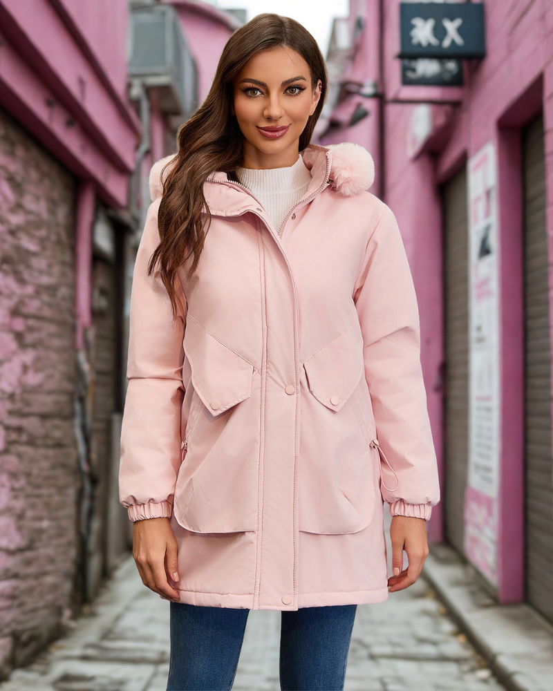 Adjustable Waist Faux Fur Hood Parka Jacket