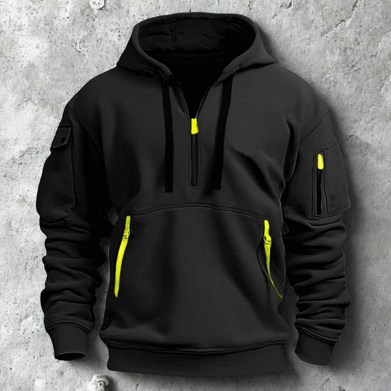 Knit Quarter-Zip Multi Pocket Ribbed Hoodie