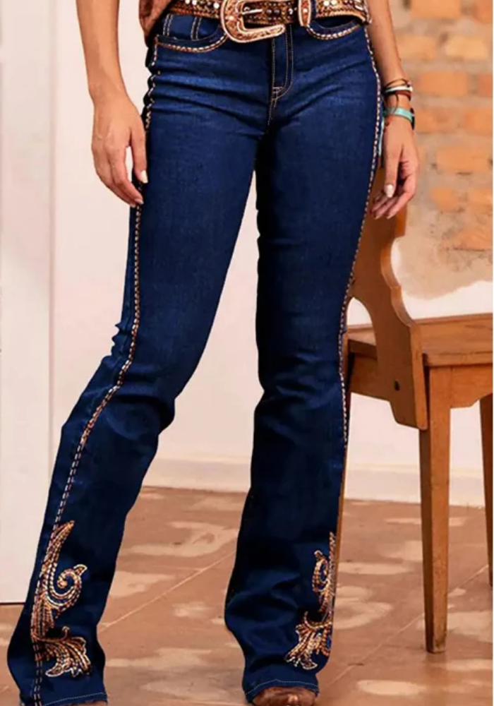 Ornate Embroidered Cotton Blend Bootcut Jeans