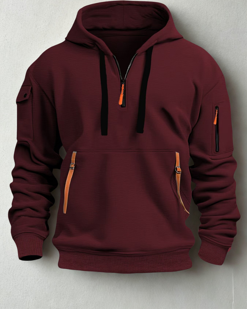 Knit Quarter-Zip Multi Pocket Ribbed Hoodie