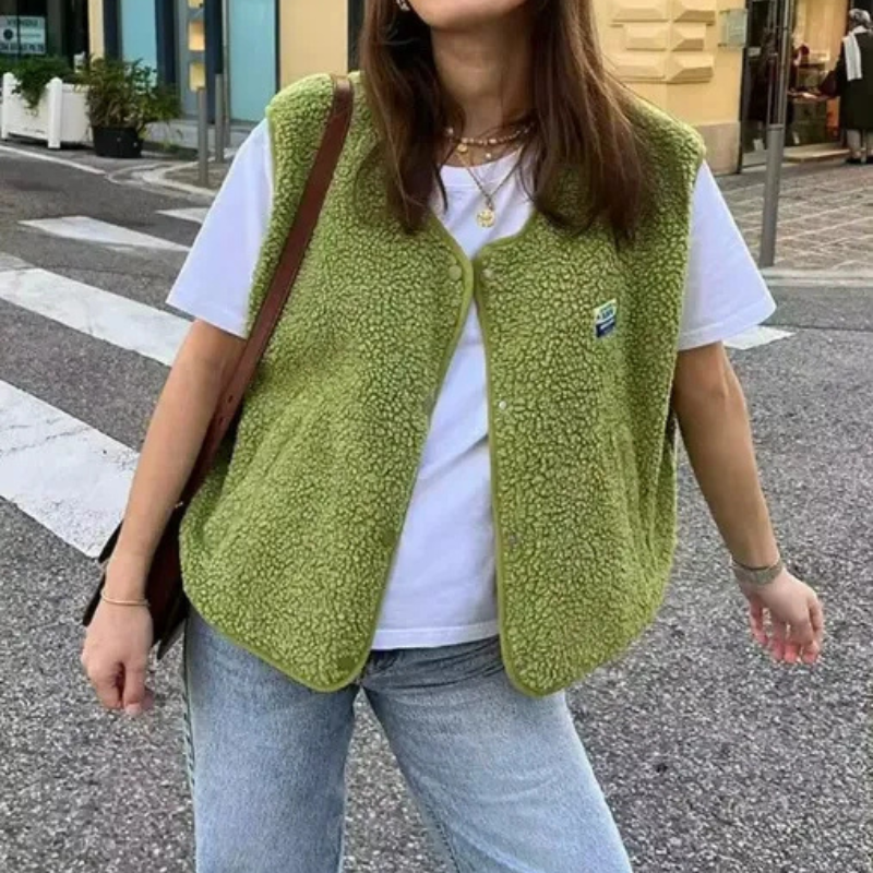 Bouclé Knit Button Front V-Neck Vest
