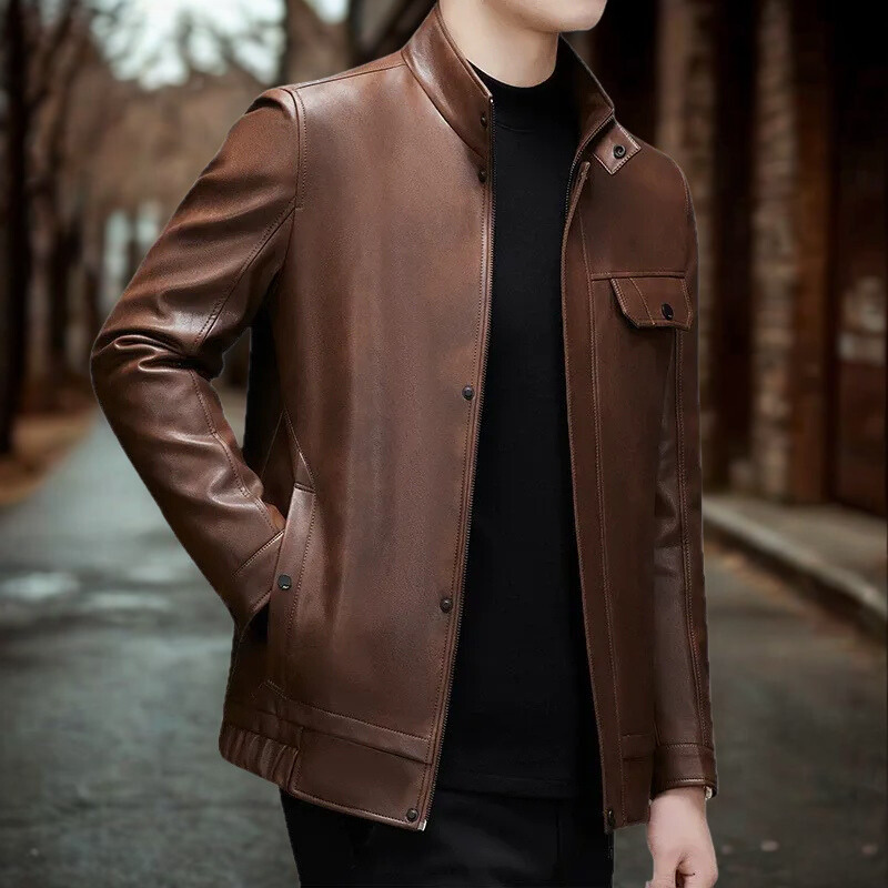 Tailored Fit Band Collar Leather Jacket