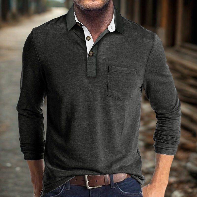 Cotton Blend Long Sleeve Contrast Collar Polo Shirt