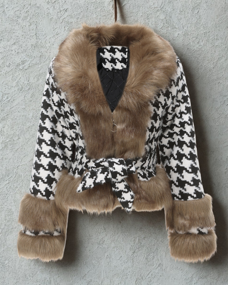 Houndstooth Fur Trim Belted Short Coat