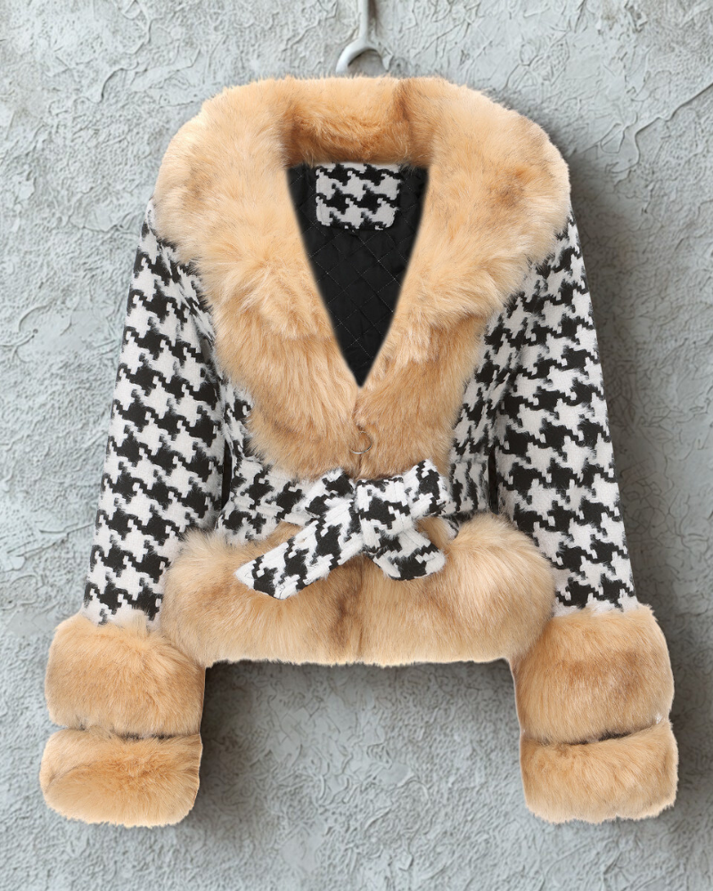 Houndstooth Fur Trim Belted Short Coat