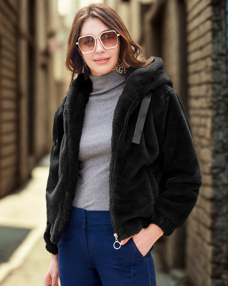Plush Knit Hooded Relaxed Fit Jacket